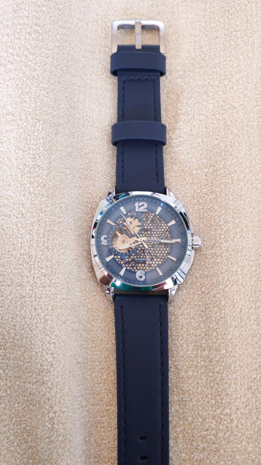 Montre automatique squelette bleue – bracelet cuir 22 mm, Bijoux, Sacs & Beauté, Envoi, Neuf, Bleu