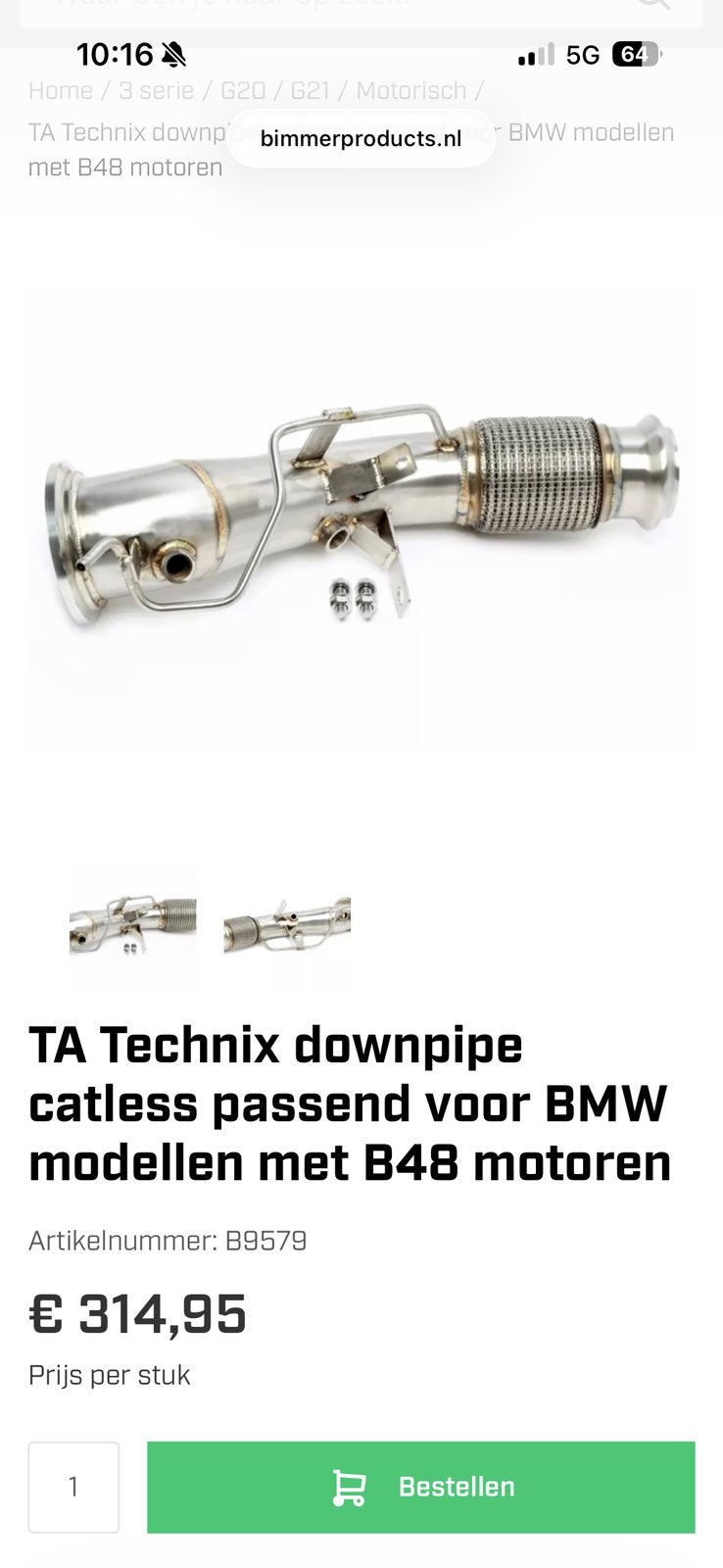 Bmw g20 dowpipe voor b48 motoren, Enlèvement, BMW