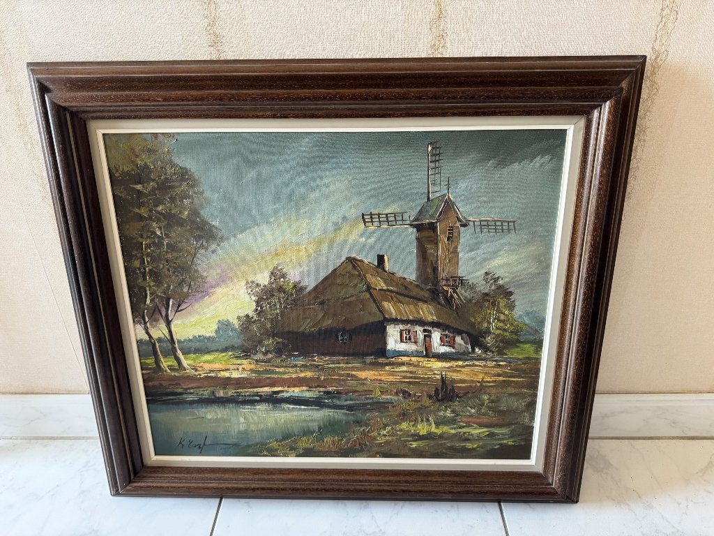 Antieken schilderij van molen, Antiquités & Art, Art | Peinture | Classique, Paysage, Enlèvement, Signé, Peinture à l'huile