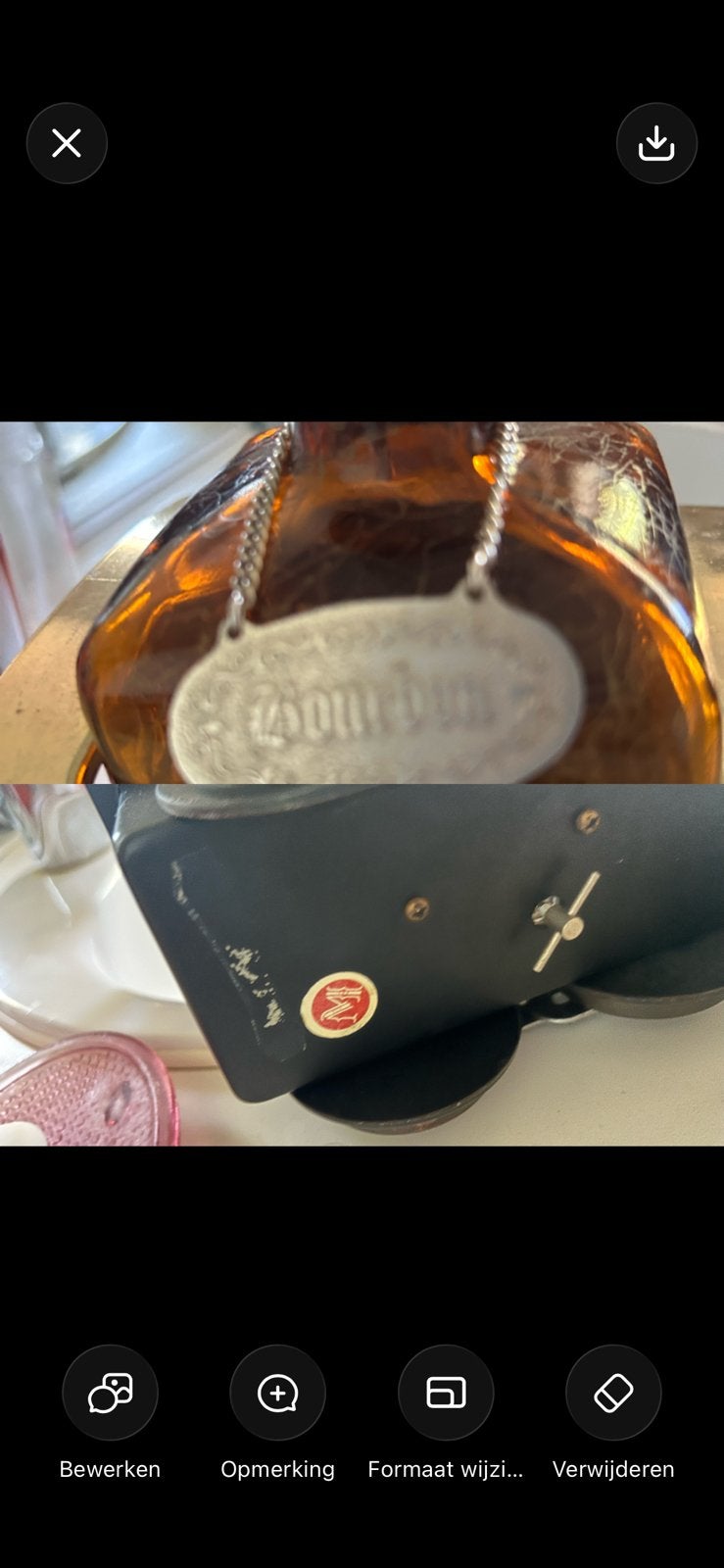vintage metalen trein-barset/whisky-decanteur, Fietsen en Brommers, Brommerhelmen, Ophalen, Zo goed als nieuw