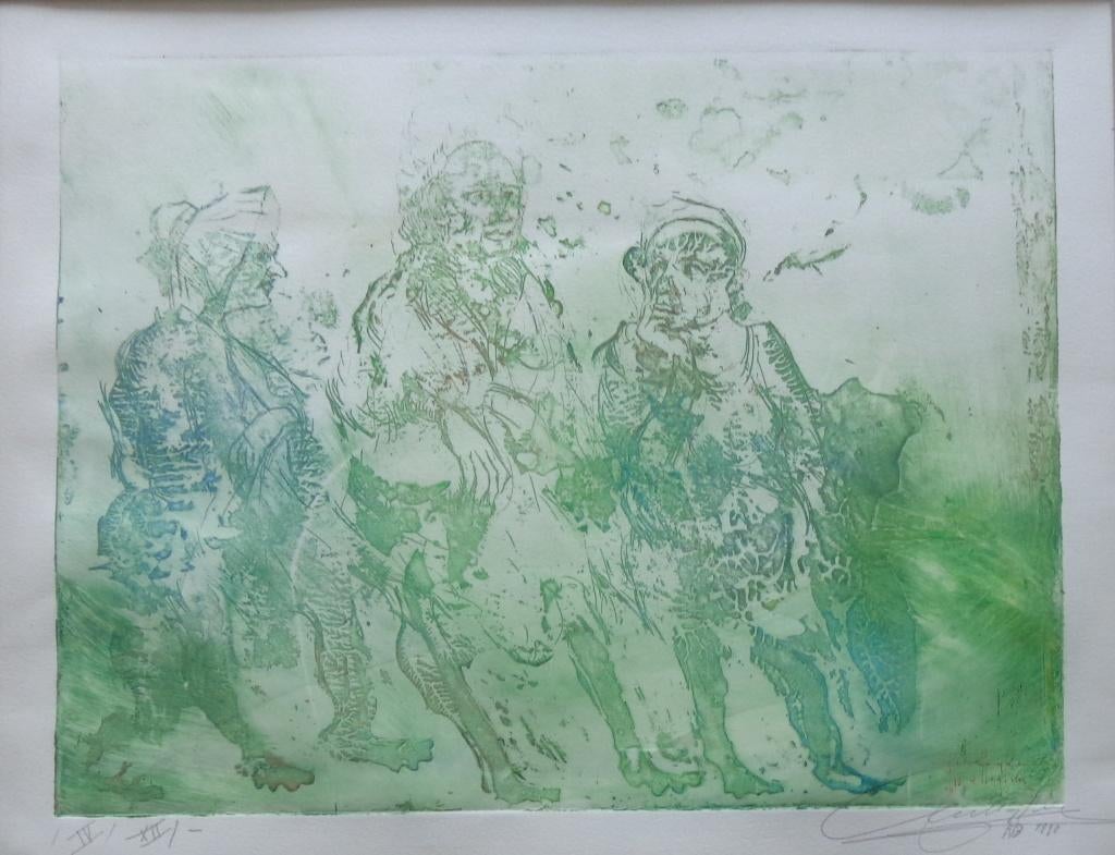 ROGER VAN BELLEGHEM / DRIE FIGUREN / KLEURETS 45x54cm KADER, Ophalen of Verzenden, Gesigneerd