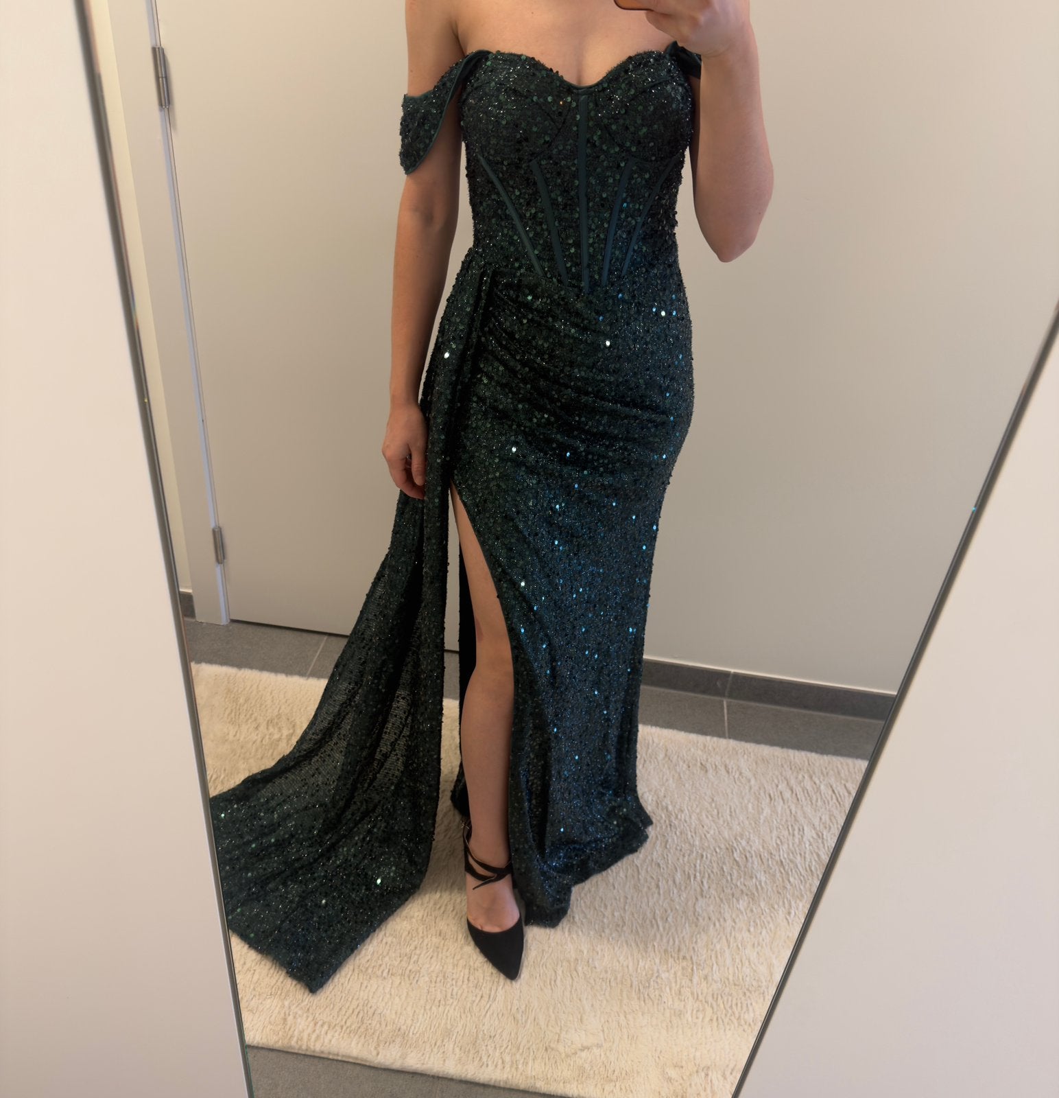 Luxe donkergroene pailletten galajurk, Ophalen, Zo goed als nieuw, Maat 34 (XS) of kleiner, Galajurk