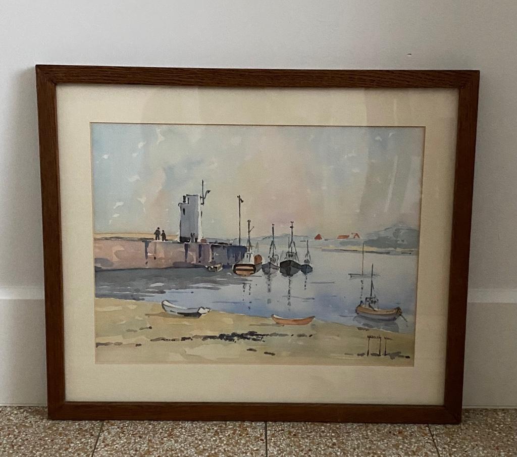 Aquarel van Marc Madelein – originele kunst met houten lijst, Ophalen