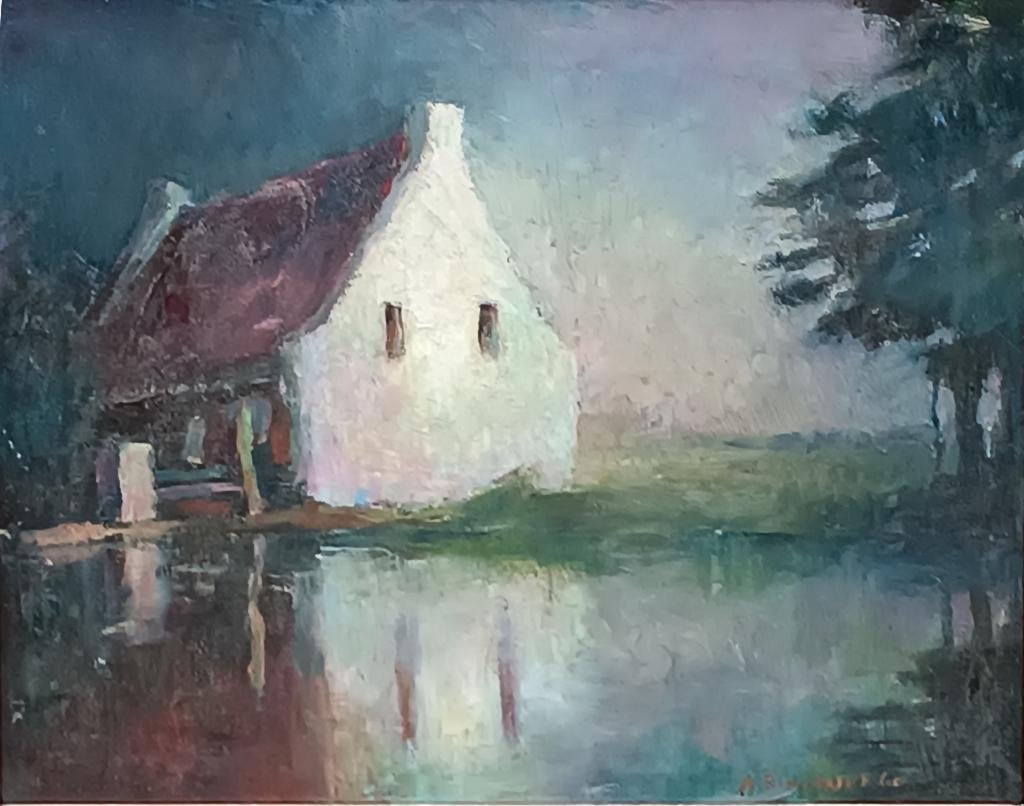Andre Rinskopf (1914-1970): Huisje bij het water (O/D, 70x60, Ophalen of Verzenden