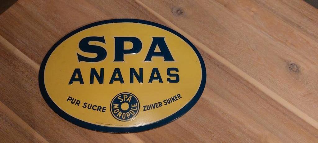 Assiette en fer blanc SPA PINEAPPLE en sucre pur 1950 Spa Mo, Enlèvement ou Envoi, Utilisé, Panneau publicitaire