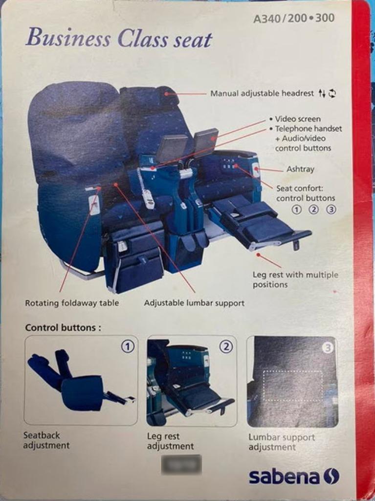 RECHERCHE carte Business Class seat A340-200/300 Sabena, Verzamelen, Ophalen of Verzenden, Zo goed als nieuw