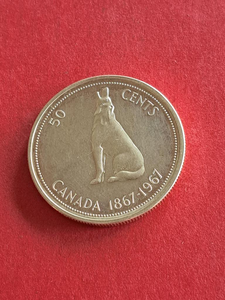 1967 Canada 50 cents in zilver Elizabeth II met wolf, Verzenden, Noord-Amerika, Losse munt, Zilver