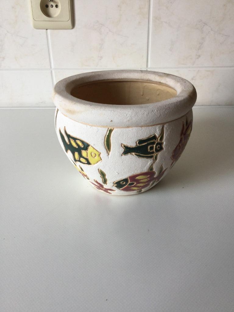 Aardewerken bloempot - cachepot gedecoreerd met vissen, Enlèvement ou Envoi, Poterie