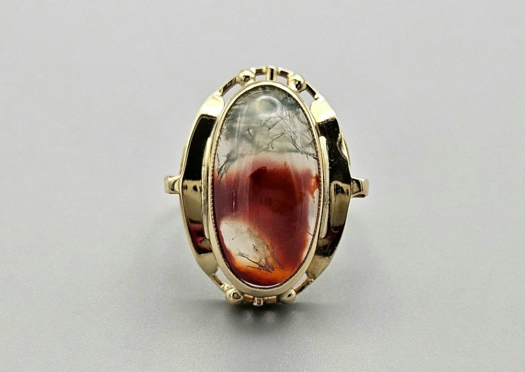 Bague ancienne en or avec agate mousse. 2024/124, Enlèvement ou Envoi, Or, Bague, Avec pierre précieuse