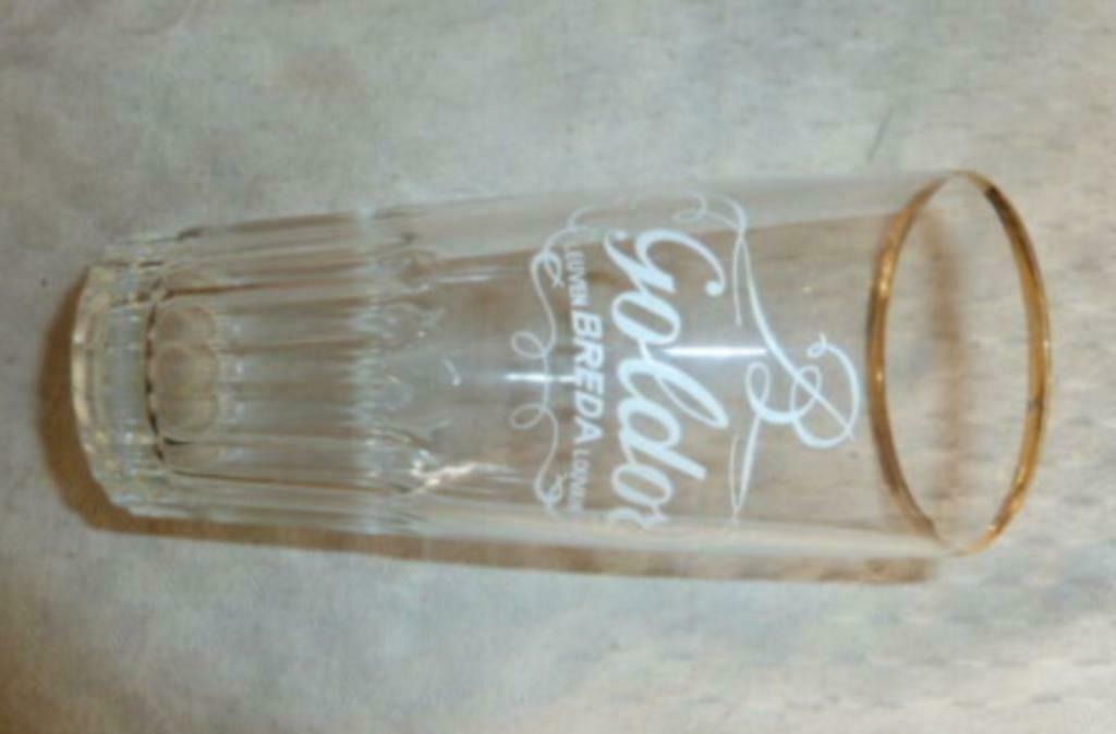 #J bier glas GOLDOR Brij Breda - Leuven Louvain " ribbelglas, Verzamelen, Glas en Drinkglazen, Gebruikt, Bierglas, Ophalen of Verzenden