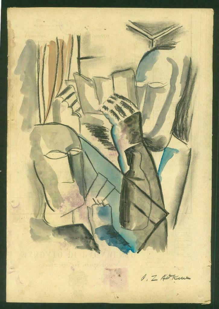 Ossipe Zadkine 'sans titre' (card players) getekende gouache, Verzenden