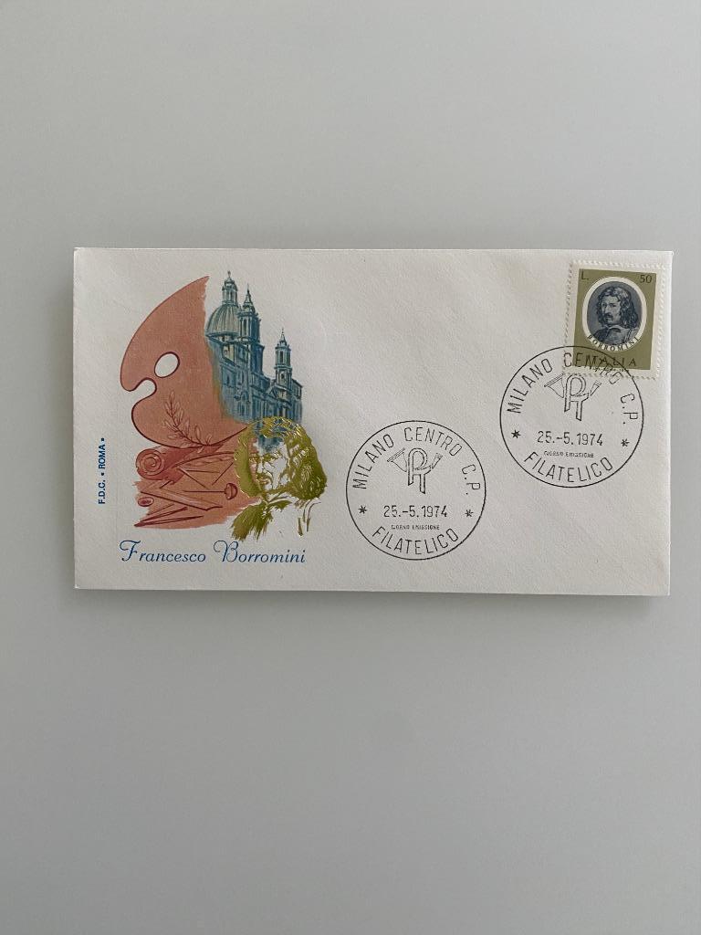 Postzegel First Day Cover Italië Francesco Borromini 1974, Ophalen of Verzenden, Gestempeld