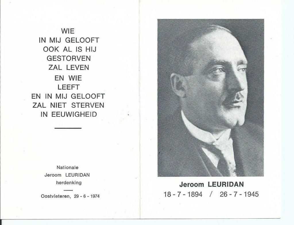Herdenkingsprent Jeroom Leuridan, Oostvleteren 29/6/1974, Verzamelen, Ophalen of Verzenden, Rouwkaart