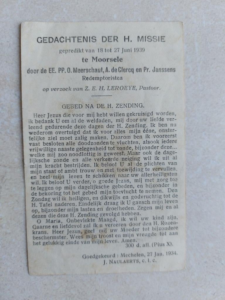 Gedachtenis H.Missie Moorsele 1939, Enlèvement ou Envoi