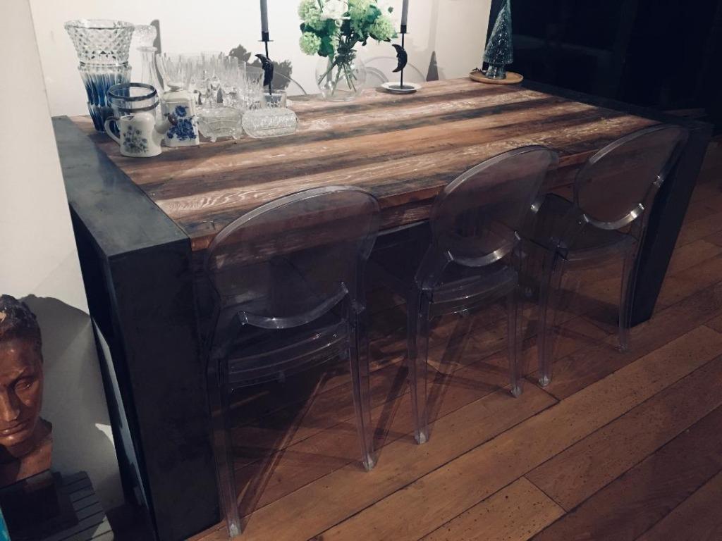 Table à manger en  bois précieux + 6 chaises design offertes, Neuf, Enlèvement, Artisanat design en bois ancien + métal, Rectangulaire