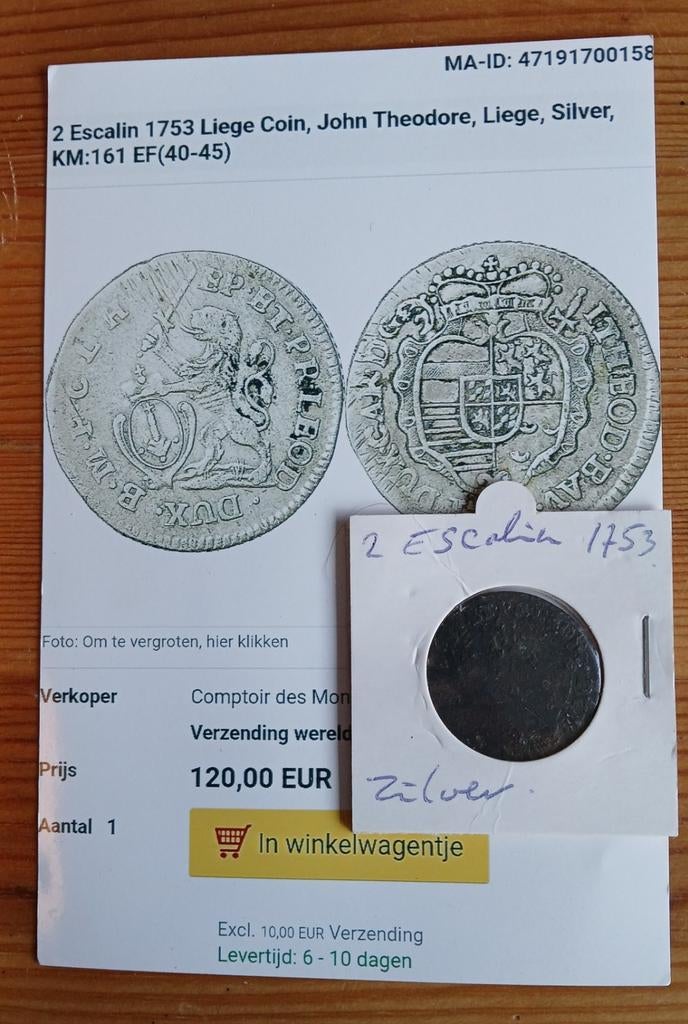 Zilveren munt 2 Escalin uit 1753., Envoi, Argent