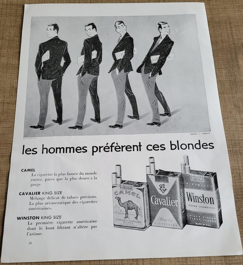 Oude reclameprent: Camel, Cavalier en Winston (1952), Verzamelen, Ophalen of Verzenden, Gebruikt, Overige typen