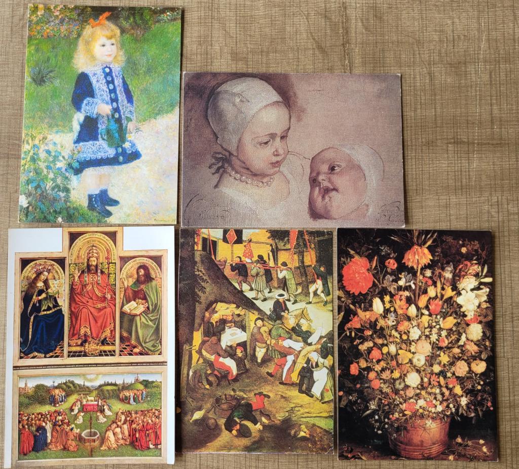 5 postkaarten: thema schilderijen (Breughel, Renoir, Van Eyc, Ophalen of Verzenden, Gelopen, Overige thema's