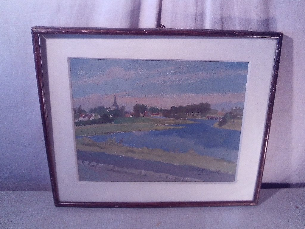 Belle œuvre peinte ancienne « Village au loin » - signée, Enlèvement ou Envoi, Encadré, Paysage, Panneau
