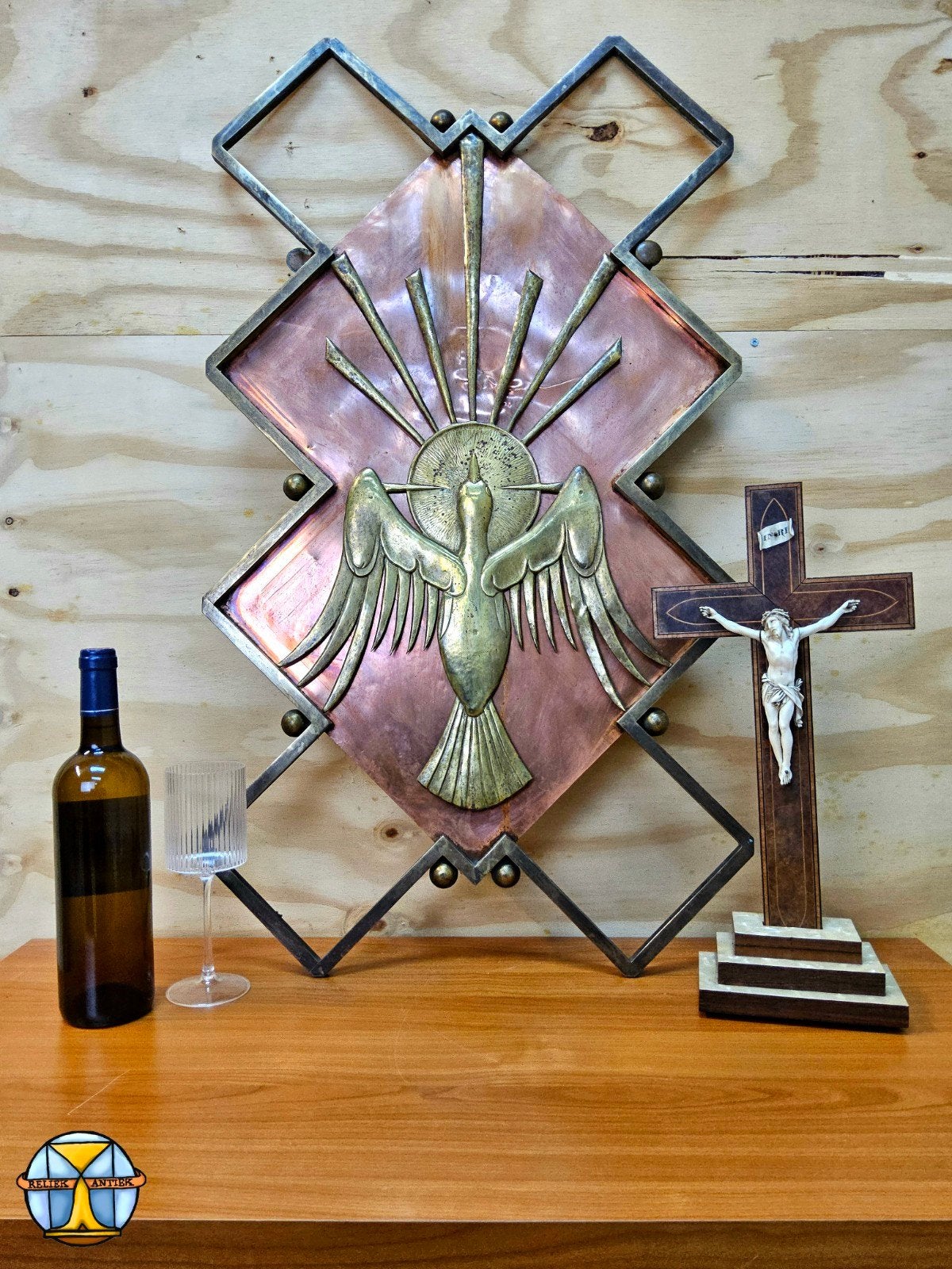 Antieke / Art Deco Heilige Geest koperen wanddecoratie (90cm, Antiek en Kunst, Ophalen of Verzenden