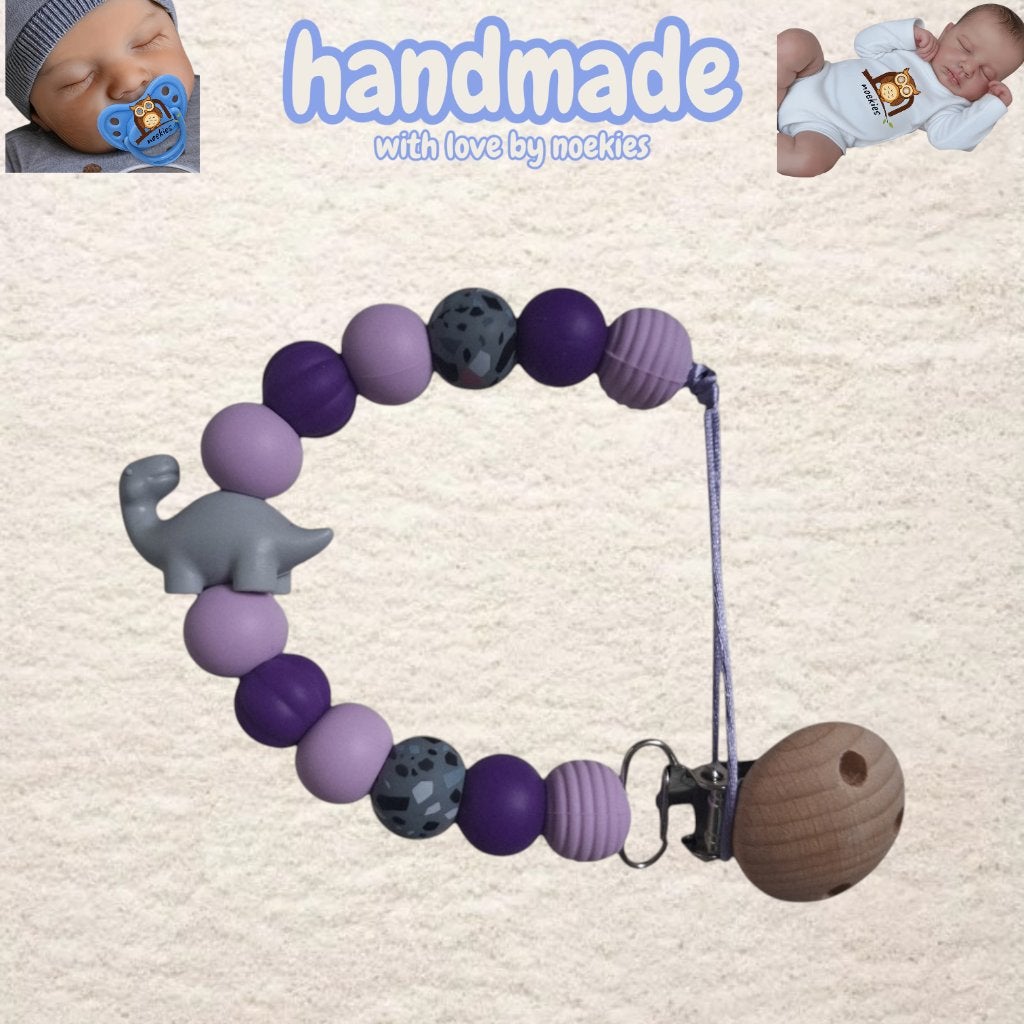 noekies Speenkoord Dino langnek grijs lila paars nr 22, Kinderen en Baby's, Kraamcadeaus en Geboorteborden, Verzenden, Nieuw, Kraamcadeau