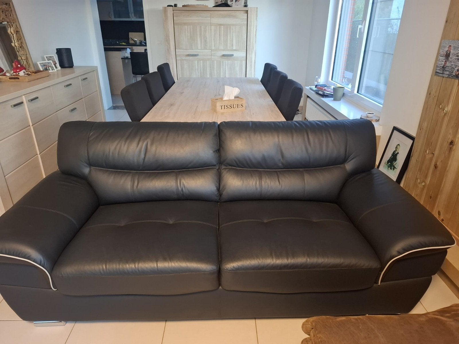 zwart lederen 3 zit zetel, Strak, 200 à 250 cm, Banc droit, Enlèvement