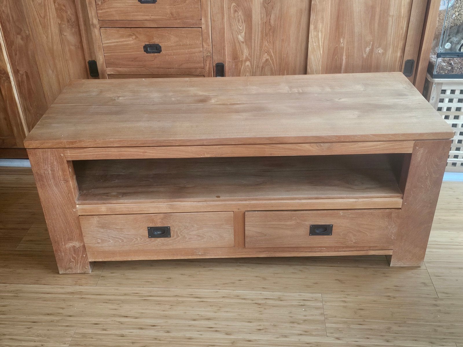 Teak tv meubel, Ophalen, 100 tot 150 cm, Teakhout, Zo goed als nieuw