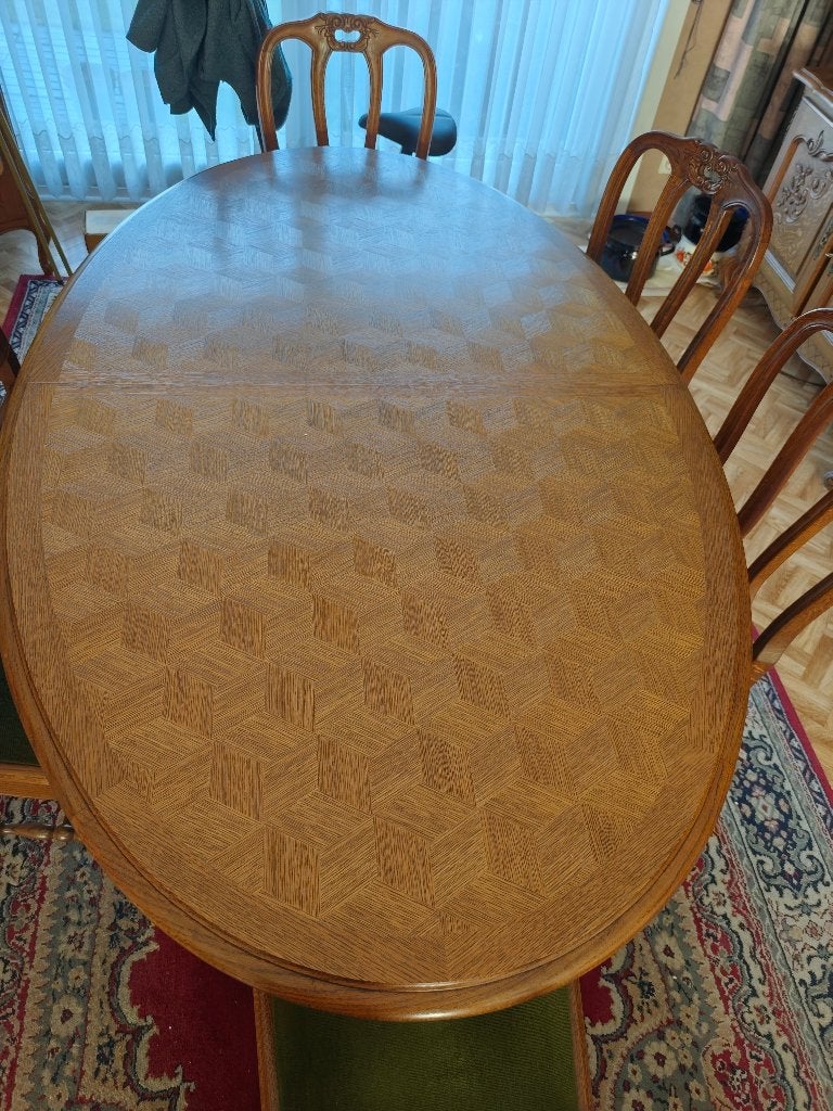 belle table à manger vintage avec 6 chaises, Comme neuf, Enlèvement, Chêne, Ovale
