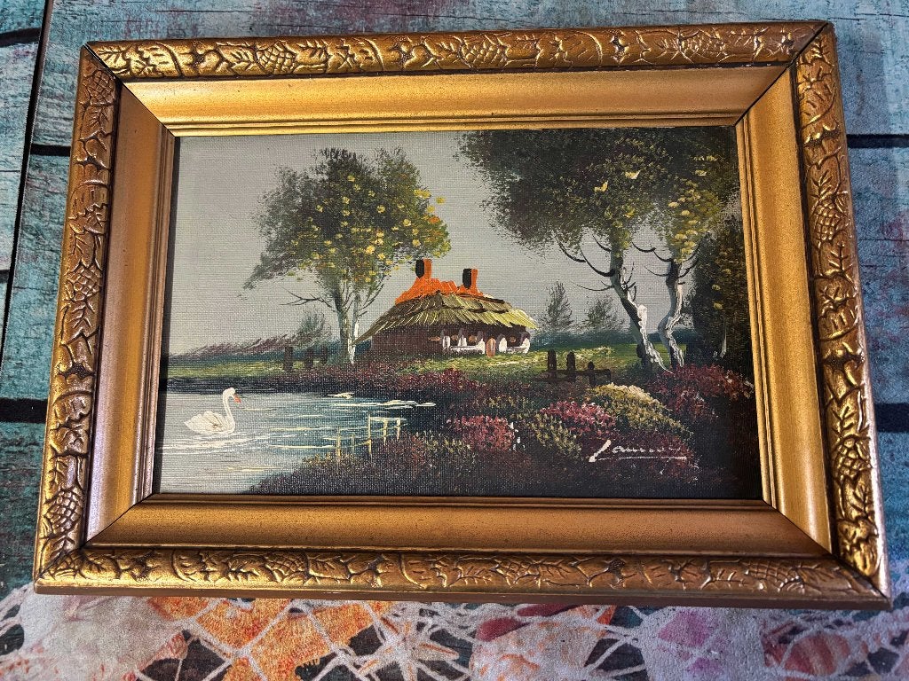 Cadre maison de campagne – vintage, Maison & Meubles, Fait main, 37 cm, Enlèvement, Marron