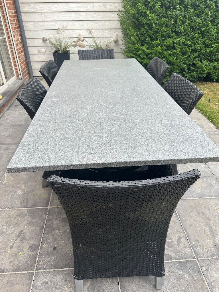 Tuintafel met 6 stoelen en kussens, Tuin en Terras, Ophalen, Gebruikt, Rechthoekig, Overige materialen