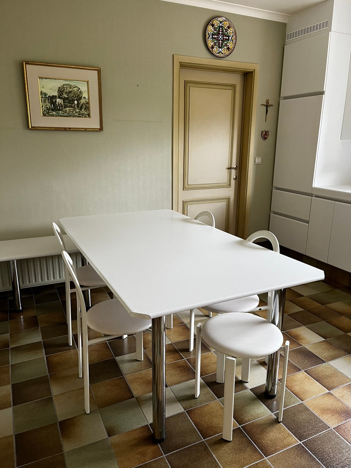 Keukentafel en stoelen, Ophalen, Overige materialen, Gebruikt, 50 tot 100 cm