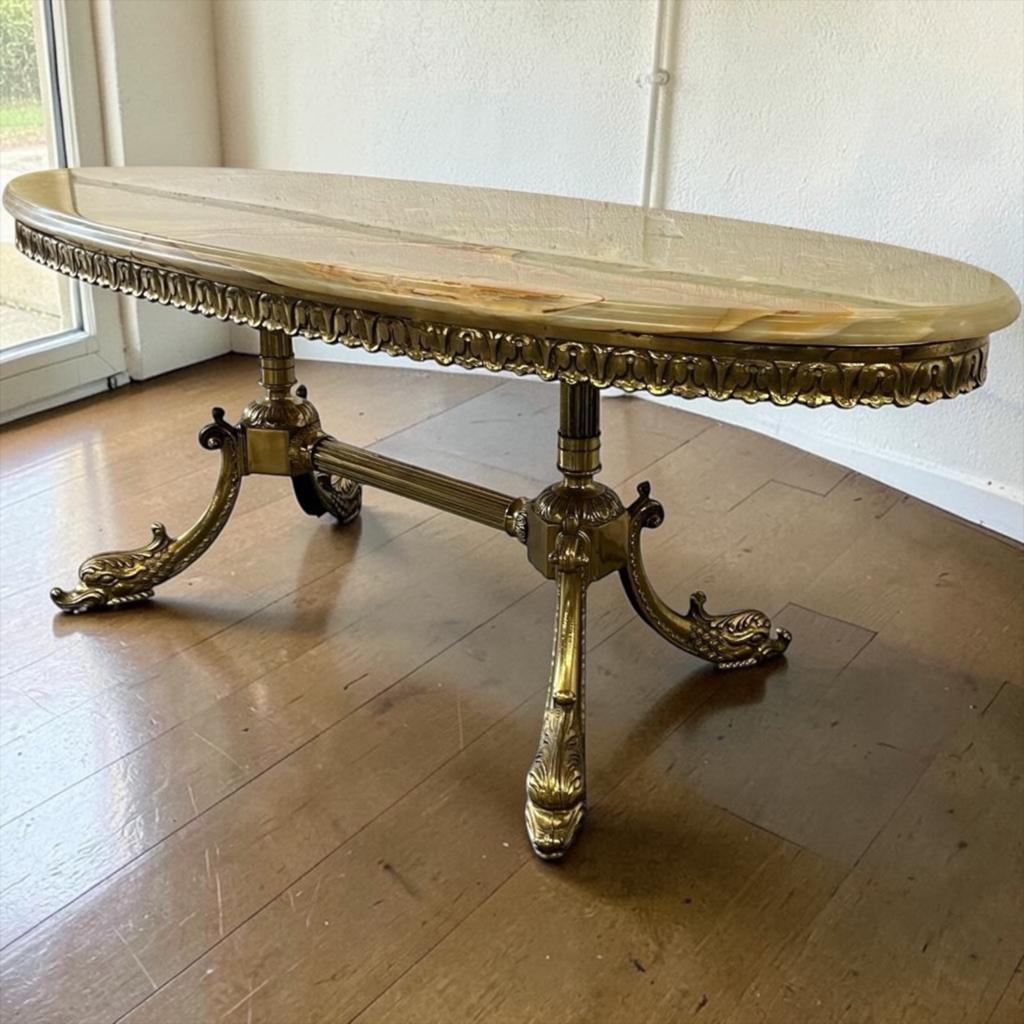 Vintage 'gouden' messing coffee table / salontafel met onyx, Antiek en Kunst, Antiek | Meubels | Tafels, Verzenden