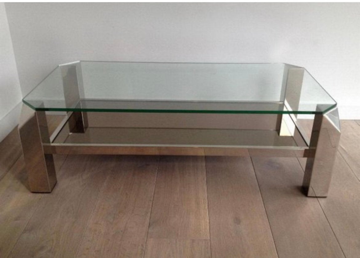 Vintage belgi chrom salontafel 120x 60 - hollywood regency-, Ophalen, Gebruikt, Vintage jaren 70 - 80, 100 tot 150 cm