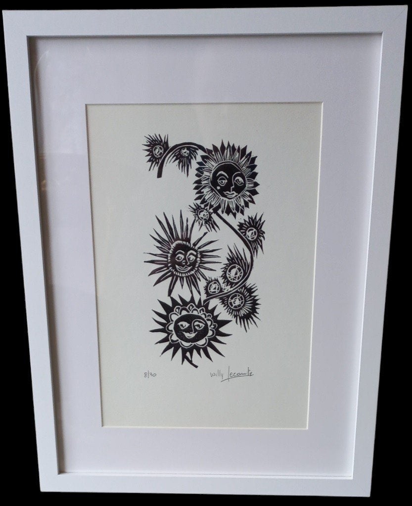 houtsnede Willy Lecomte "zonnebloemen"., Antiek en Kunst, Kunst | Etsen en Gravures, Ophalen of Verzenden, Houtsnede, Gesigneerd