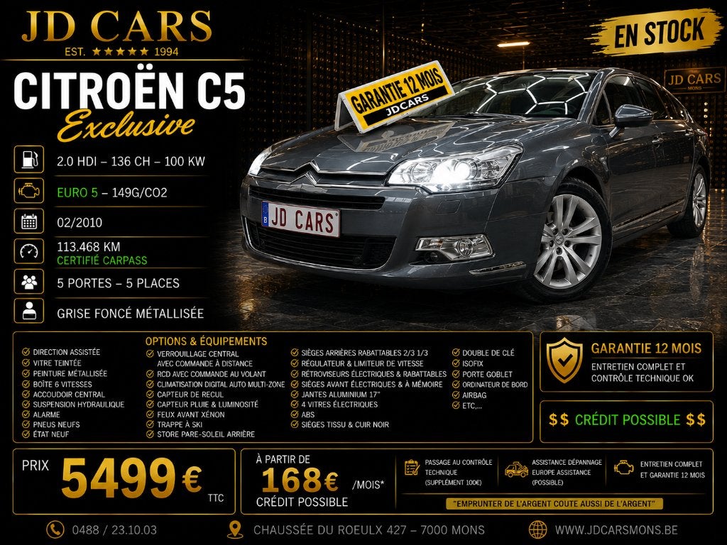 CITROËN C5 EXCLUSIVE 2.0 HDI 136‼️GARANTIE 1 AN CTOK‼️, Autos, 100 kW, Entreprise, Boîte manuelle, Entretenue par le concessionnaire