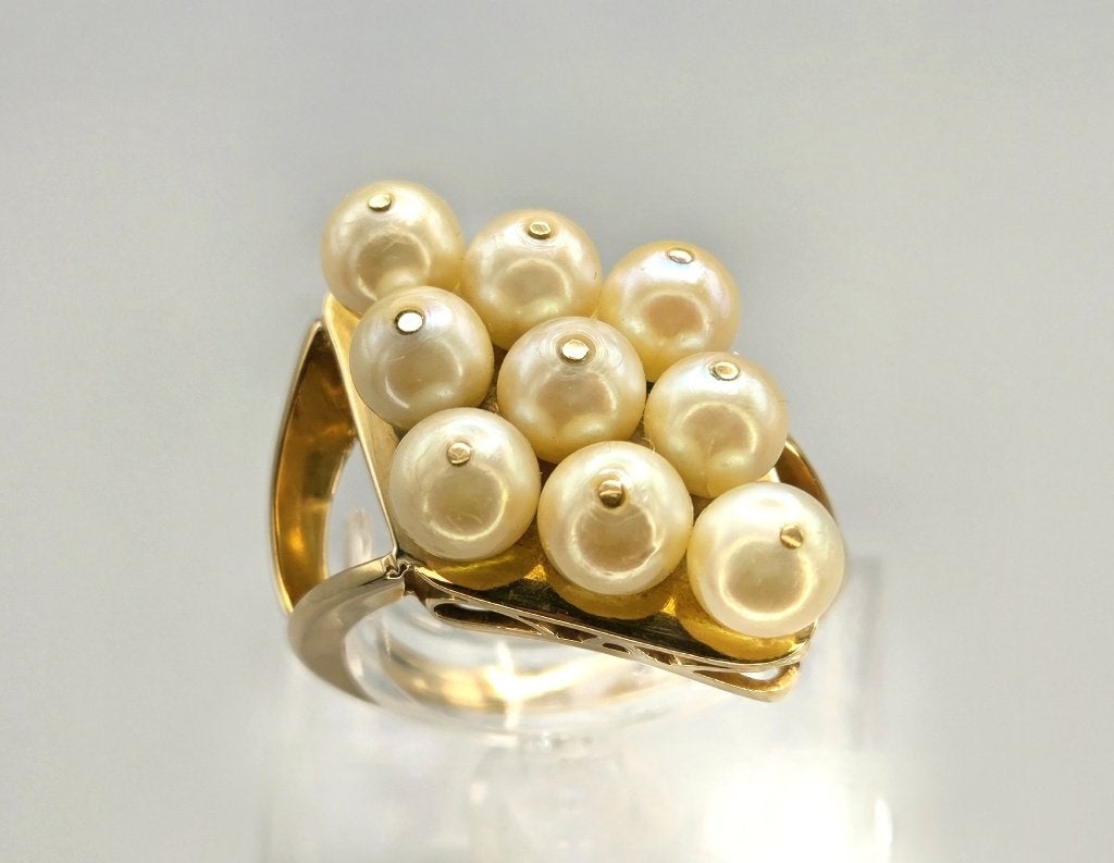 Gouden Vintage cocktailring met parel. 2026/349, Ophalen of Verzenden, Goud, Ring, Met edelsteen