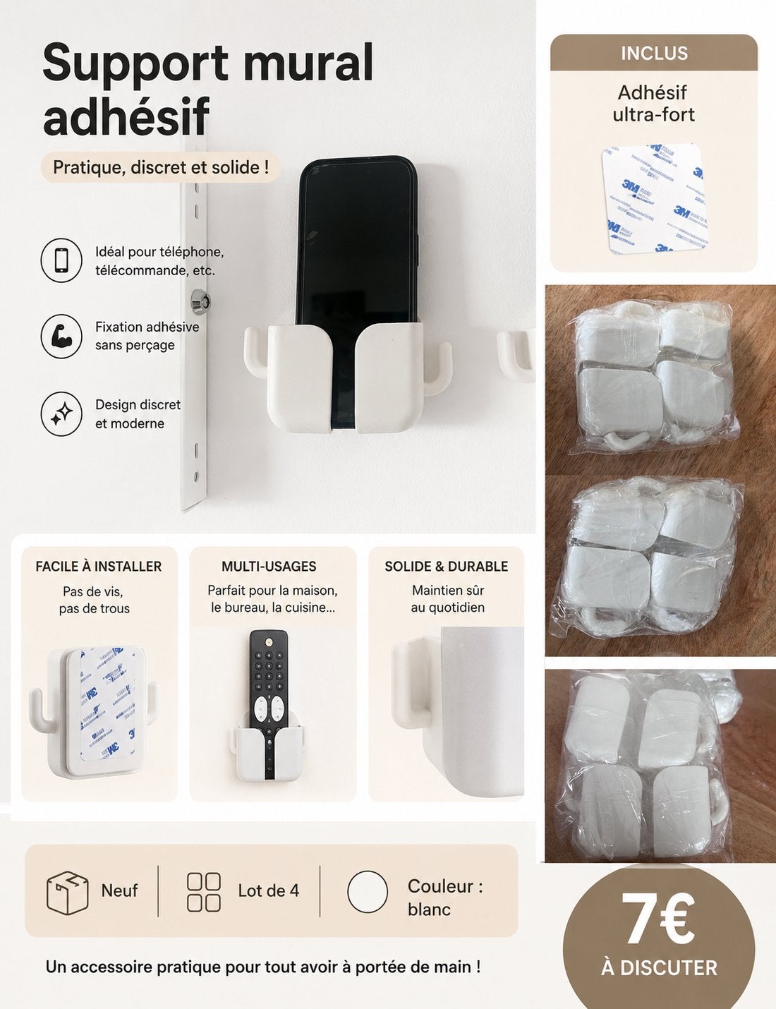 Lot de 4 supports muraux adhésifs (téléphone / télécommande), Enlèvement ou Envoi, Neuf