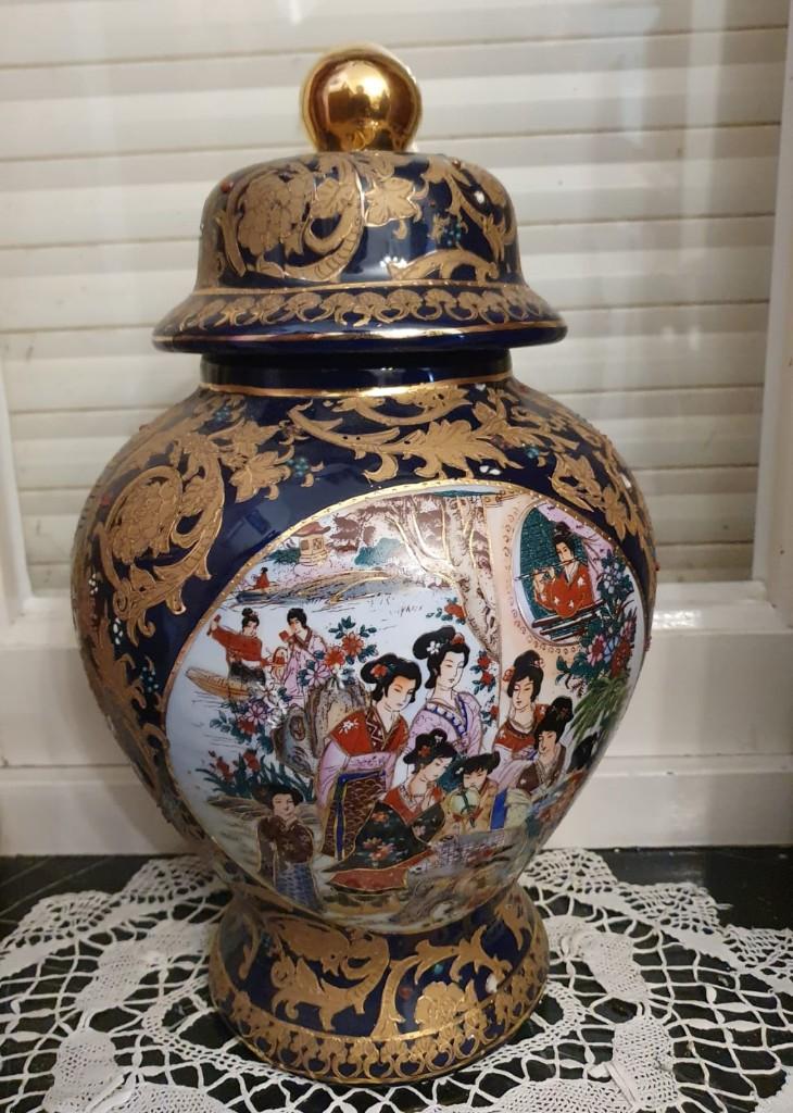 Blauwe vintage XL gemberpot in Satsuma stijl, Antiquités & Art, Antiquités | Vases, Enlèvement