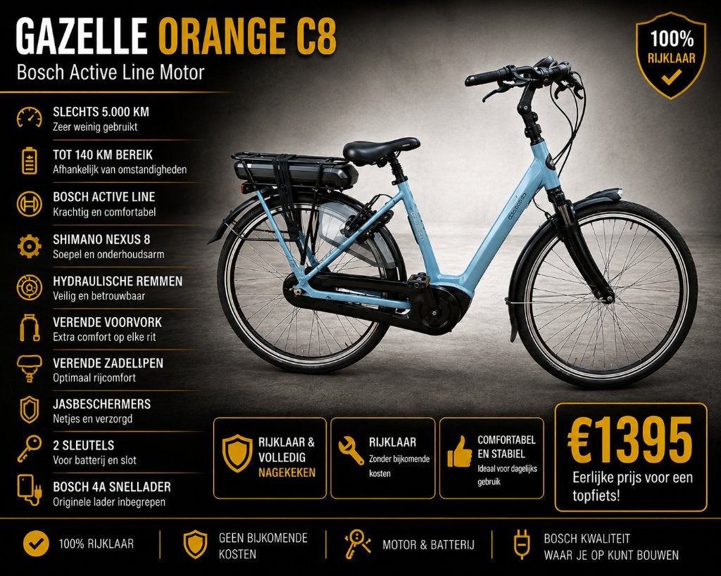 Gazelle Orange C8 – BJ 2023 – 5.000 km BOSCH motor, Fietsen en Brommers, Ophalen, Zo goed als nieuw, 51 tot 55 cm, 50 km per accu of meer