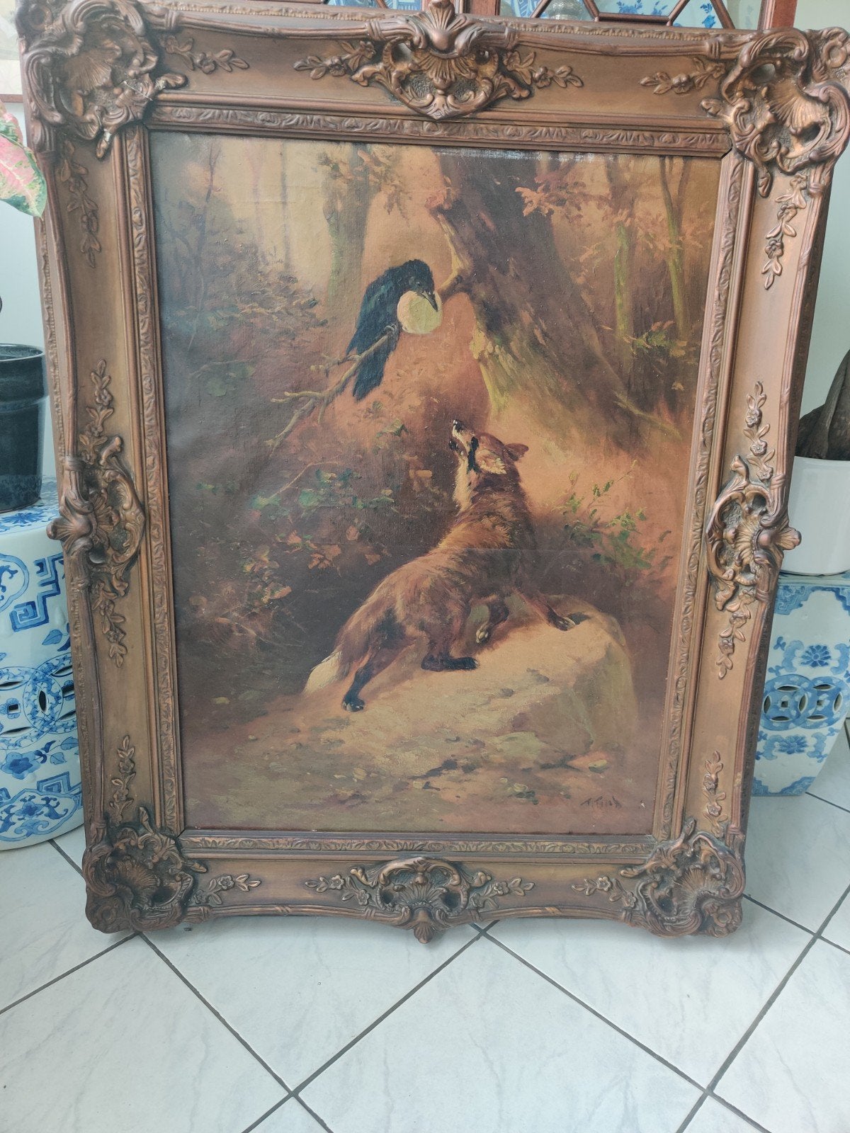 Grand tableau animalier ancien "le corbeau et le renard", Enlèvement, Signé, Animaux, Toile