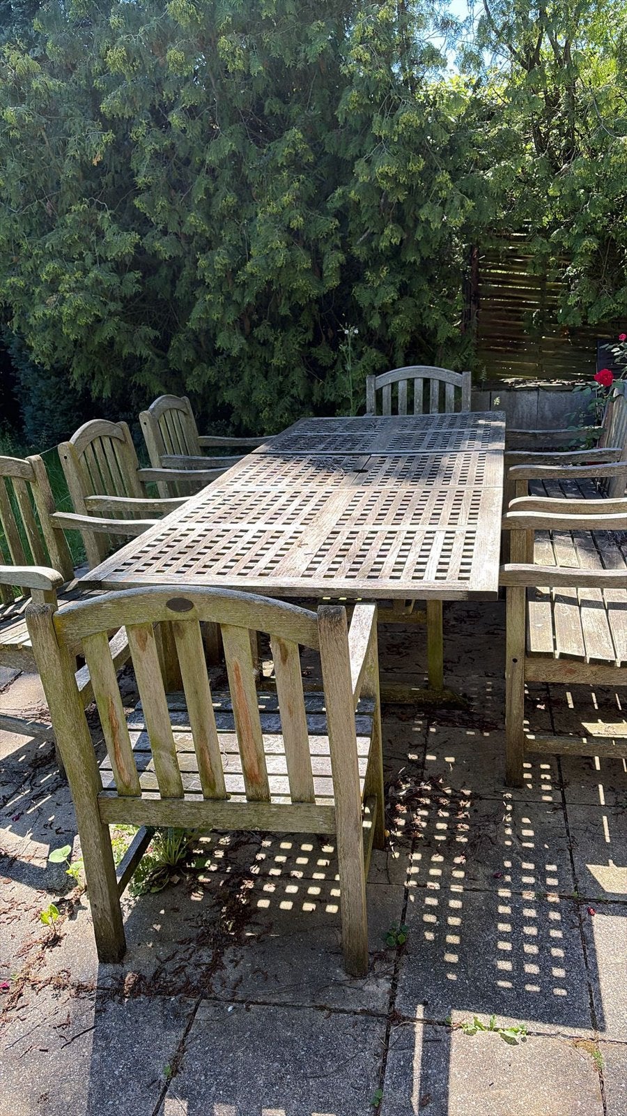 Tafel en 10 stoelen, Tuin en Terras, Ophalen, Gebruikt, Teakhout, Meer dan 8 zitplaatsen