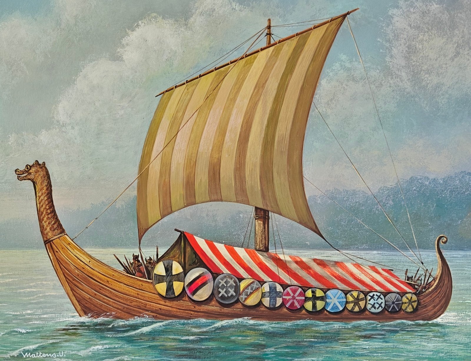 vikingschip op zee. acrylschilderij, 55cm x 43cm., Antiek en Kunst, Kunst | Schilderijen | Klassiek, Ophalen of Verzenden