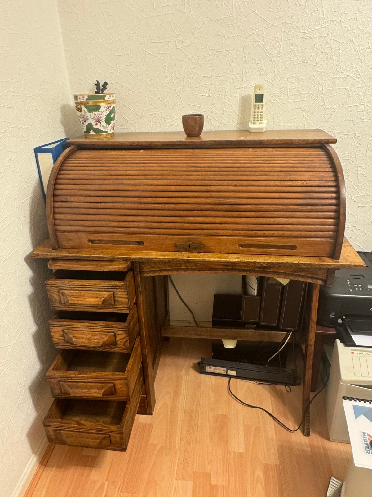 Bureau americain en bois ancien avec 4 tiroirs, Enlèvement, Utilisé, Ancien