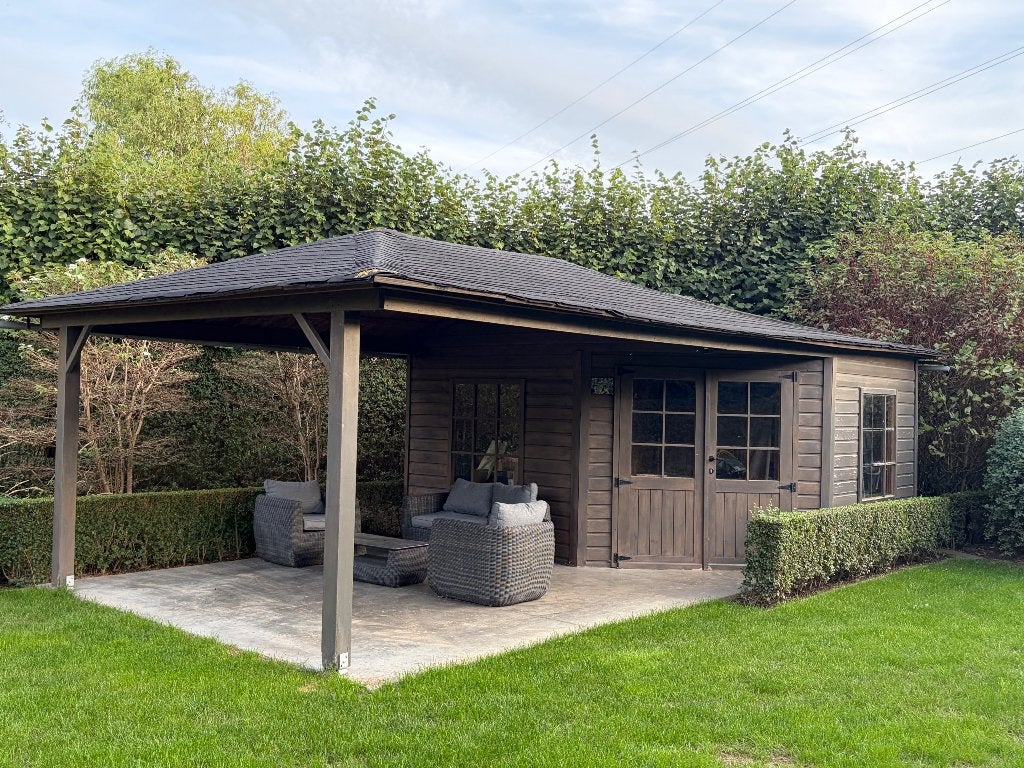 gezellig tuinhuis met overkapping, Tuin en Terras, Ophalen, Gebruikt, Tuinhuis, 2 ramen