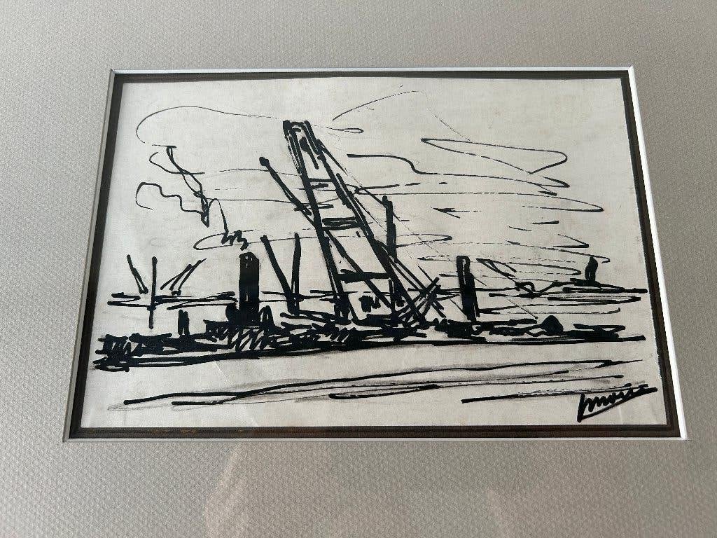 Inkttekening van Jos Mous (Havenzicht), Antiek en Kunst, Ophalen of Verzenden, Tekening, Gesigneerd