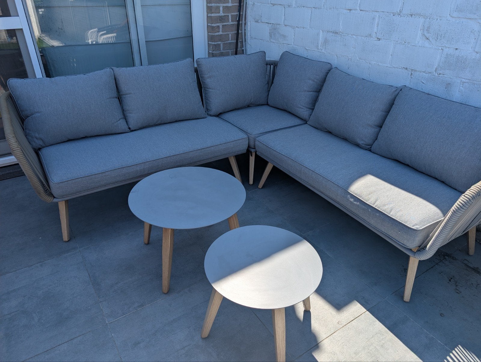 Loungeset Antraciet: hoekzetel met kussens en 2 tafeltjes., Tuin en Terras, Ophalen, Loungeset