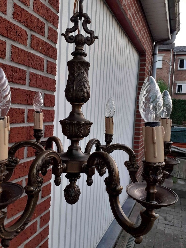 Lustre en bronze massif - 6 lampes, Ophalen, Gebruikt, Natuurlijk materiaal, E14 (klein)