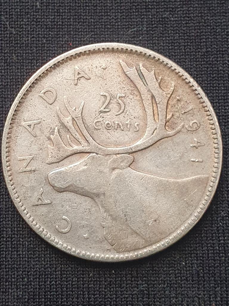 Zilveren 25 cent munt uit 1941 Canada., Verzenden, Noord-Amerika, Losse munt, Zilver
