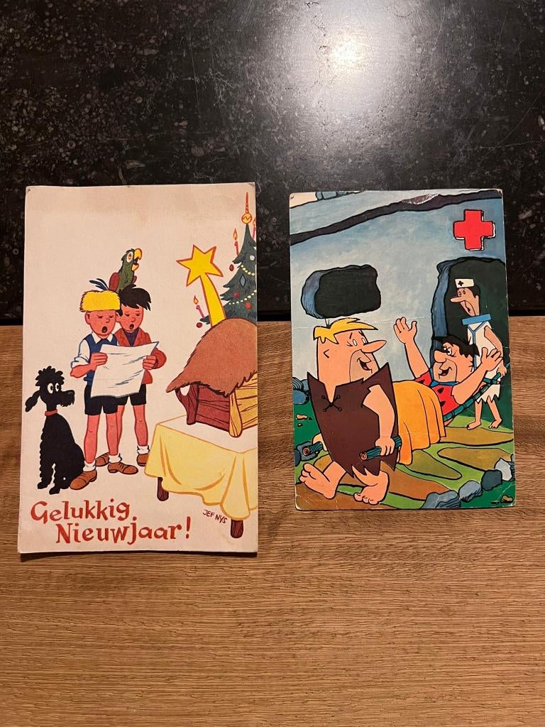 2 vintage postkaarten stripfiguren: Jommeke & The Flinstones, Gebruikt, Geen idee, Overige typen, Overige figuren