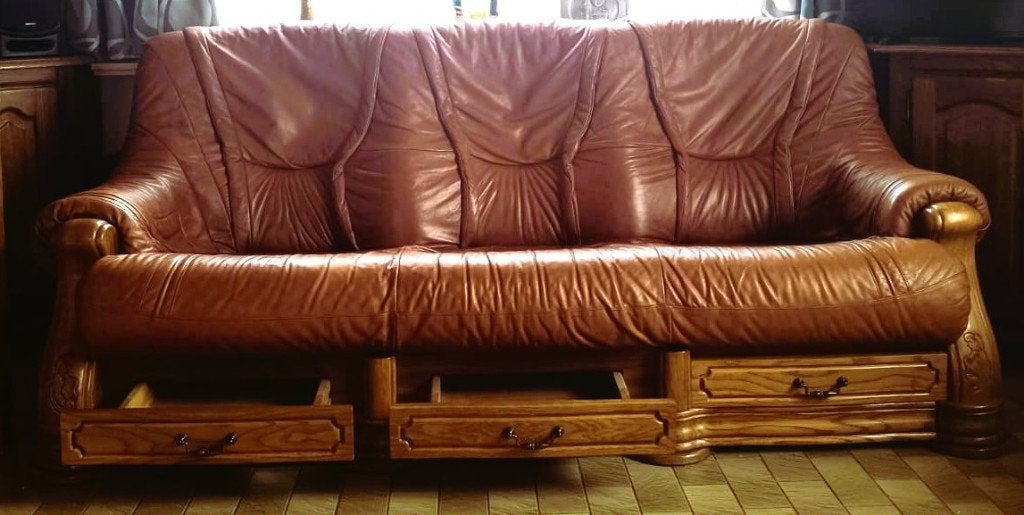 Woonkamer in echt leer en massief eikenhout, Ophalen, Gebruikt, Leer, Rustique